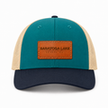 Saratoga Lake Blue Teal Leather Patch Trucker Hat