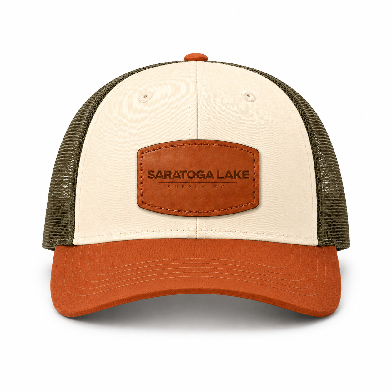 Saratoga Lake Cream and Dark Orange Leather Patch Trucker Hat
