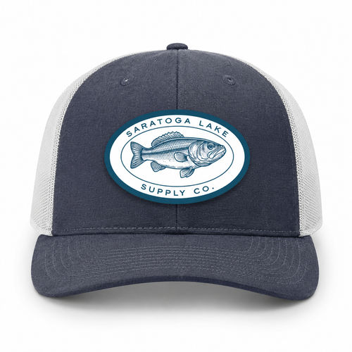 Woven Bass Patch Trucker Hat - Heather Navy / Light Grey